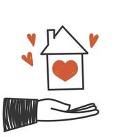hand- getrokken tekening handen Holding huis met hart icoon illustratie vector