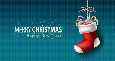 vector realistisch Kerstmis en nieuw jaar achtergrond, banier, folder, groet kaart, ansichtkaart. horizontaal oriëntatie. blauw achtergrond met rood sok met snoepjes binnen hangen.