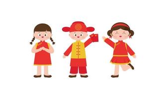 gelukkig Chinese nieuw jaar kaart met een kind vervelend Chinese traditioneel kostuums vector