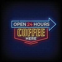 neon teken koffie hier met steen muur achtergrond vector