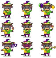 vector illustratie buffel vervelend mardi gras kleren in verschillend poses geïsoleerd Aan wit achtergrond. een tekenfilm illustratie van een mardi gras buffel . mardi gras nar, set.