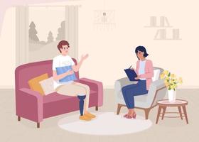 Mens met been prothese Bij psychotherapie vlak kleur vector illustratie. gehandicapt patiënten ondersteuning . herstel programma. ten volle bewerkbare 2d gemakkelijk tekenfilm interieur met psycholoog kantoor Aan achtergrond