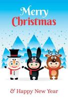 vrolijk Kerstmis en gelukkig nieuw jaar poster met kinderen in kostuums sneeuwman, konijn en hert vector