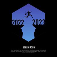 zwart silhouet Mens jumping van klif 2022 naar klif 2023 met Purper lucht. vrolijk Kerstmis en gelukkig nieuw jaar 2023. vector illustratie.