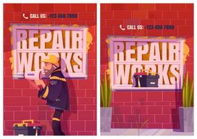 reparatie werken tekenfilm advertentie affiches. bouwer met gereedschap vector
