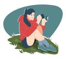 tiener- meisje nemen een foto gebruik makend van een camera terwijl zittend Aan de gras. glimlachen uitdrukking, gelukkig. geschikt voor afdrukken, behang, thema's, hobby's, werk, natuur, enz. vlak vector illustratie