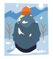 vrouw in warm kleren zittend in de sneeuw. terug visie. sneeuw Aan kleren winter thema. vlak vector illustratie