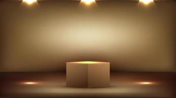 3d leeg podium elegant gouden studio kamer achtergrond met spotlight Aan stadium achtergrond vector