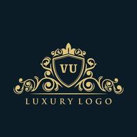 brief vu logo met luxe goud schild. elegantie logo vector sjabloon.