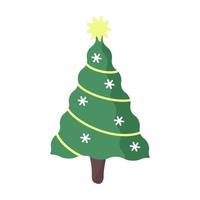 schattig Kerstmis boom versierd met een ster en sneeuwvlokken geïsoleerd Aan wit achtergrond. vector hand- getrokken illustratie in vlak stijl.