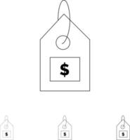 label dollar etiket koppel stoutmoedig en dun zwart lijn icoon reeks vector