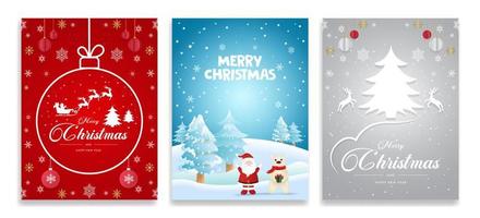 reeks van drie kaart vrolijk Kerstmis en gelukkig nieuw jaar. Kerstmis boom, zilver, blauw, rood achtergrond vector