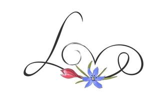 liefde belettering valentijnsdag dag bruiloft met bloemen tekening ornament, borstel inscriptie. vector