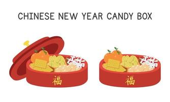 Chinese nieuw jaar snoep doos clip art. gemakkelijk Chinese rood snoep doos met snoepjes, fruit, zaden vlak vector illustratie tekenfilm tekening. Chinese tekst middelen mooi zo geluk. Aziatisch maan- nieuw jaar concept