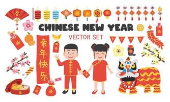 Chinese nieuw jaar festival elementen clip art set. traditioneel kleren, lantaarns, ornamenten, vuurwerk, leeuw dans, rood envelop vector tekenfilm. Chinese tekst middelen lente, mooi zo geluk, gelukkig nieuw jaar