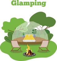 glamping.cirkel vorm geven aan, tekst eco toerisme. zomer vector illustratie. comfortabel tenten, glas en bubbel huizen. stoelen in de buurt kamp vuur.buiten recreatie in bergen en Woud. vakantie, recreatie