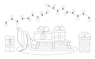 kleur bladzijde voor kinderen. Kerstmis slee en geschenken. Kerstmis tekening set. vector