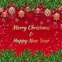 vrolijk Kerstmis en gelukkig nieuw jaar Aan een rood achtergrond. vrolijk Kerstmis met Kerstmis ballen en Spar takken. winter vakantie boom decoratie voor Kerstmis en nieuw jaar vector illustratie.