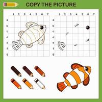 kopiëren tekening van clown vis. vector trek werkblad met schattig vis. onderwijs spel voor kinderen. kinderen kunst zelfstudie met kleur palet.