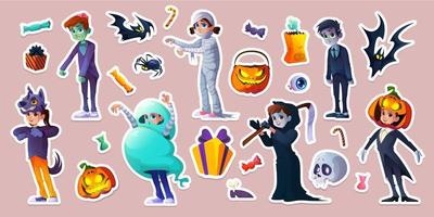 halloween stickers met mensen in eng kostuums vector