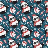 schattig Kerstmis naadloos patroon met panda, snoep, sneeuwvlokken, sneeuwman, wanten en sokken. vector illustratie