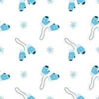 vector patroon met blauw gebreid wanten en sneeuwvlokken, Kerstmis in tekenfilm stijl, symbool van de jaar, winter patroon voor ansichtkaarten, decoratie, geschenk omhulsel