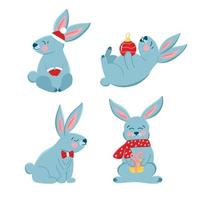 vector reeks met schattig Kerstmis konijntjes in tekenfilm stijl, symbool van de jaar, schattig vakantie dieren, konijntjes, winter. kinderen illustratie voor ansichtkaarten, affiches, ontwerp, stoffen.