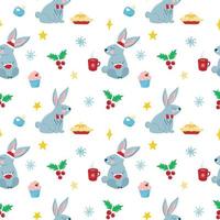 vector patroon met schattig grijs konijnen en Kerstmis boom speelgoed, cartoon-stijl kerstmis, symbool van de jaar, feestelijk patroon voor ansichtkaarten, decoratie, geschenk omhulsel