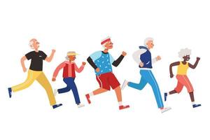 groep van ouderen Mens en vrouw jogging en grijnzend vector