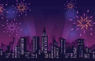 gelukkig nieuw jaar stad gebouw stadsgezicht vuurwerk partij vector
