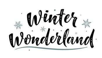 winter wonderland. hand- getrokken gemakkelijk belettering teken met sneeuwvlokken. voor kaart, t-shirt of mok afdrukken, poster, banier, sticker. Kerstmis decoraties. foto bedekking winter vakantie geïsoleerd vector