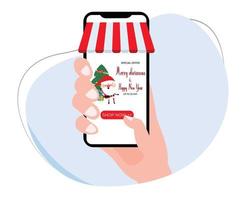 hand- Holding mobiel telefoon met scherm Scherm van vrolijk Kerstmis en gelukkig nieuw jaar Promotie spandoek. Kerstmis en nieuw jaar uitverkoop. vlak ontwerp vector illustratie