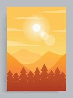 verticaal Hoes vector illustratie. zonsondergang visie in de pijnboom boom Woud met bergen in de achtergrond. voor folder, tijdschrift, boek omslag, banier, uitnodiging, poster.