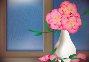 Rode bloem met Rainy Day Window Vector