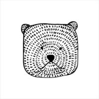 hand- getrokken verdrietig beer hoofd tekenfilm in tekening stijl. plein gestileerde beer hoofd met wol. zwart schets tekening Aan een wit achtergrond naar creëren een logo, zakelijke identiteit, stickers vector