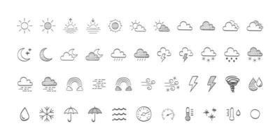 weer en meteorologie pictogrammen. getrokken weersomstandigheden pictogrammen. weer pictogrammen zon en wolken in lucht, regen met sneeuw, donder en bliksem. vector illustratie