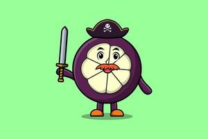 schattig tekenfilm mascotte mangisboom piraat houden zwaard vector