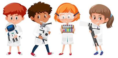 aantal kinderen in wetenschapper laboratoriumjassen met wetenschappelijke objecten vector