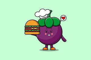 schattig tekenfilm mangisboom chef karakter houden hamburger vector