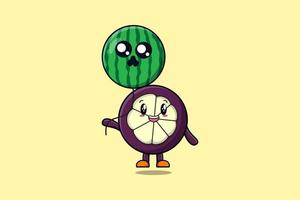 schattig tekenfilm mangisboom drijvend met watermeloen vector