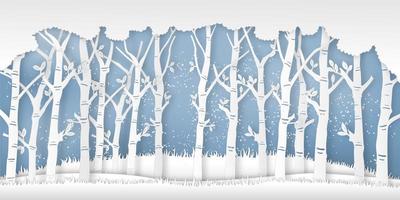 papier gesneden winterseizoen scène met bomen en sneeuw vector