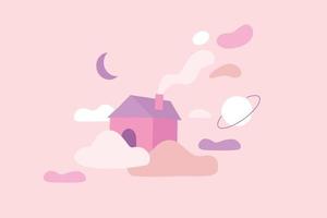 schattig huis bovenstaand de wolk in fantasie thema. naief illustratie ontwerp vector