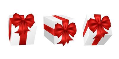 wit vector geschenk doos. realistisch geschenk doos met rood satijn boog geïsoleerd Aan achtergrond. kubus vormig geschenk doos gebonden met rood omhulsel lint, staat Aan wit.