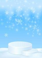 winter tafereel met cilinder podium. Kerstmis stadium Aan sneeuw achtergrond. vector 3d illustratie gloeiend sneeuwvlokken vallen. winter landschap, blauw lucht, sneeuwstorm. leeg ruimte voor Product ontwerp.