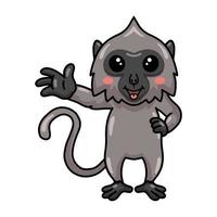 schattig weinig grijs langur aap tekenfilm golvend hand- vector
