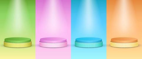 reeks van realistisch roze, blauw, oranje en groen cilinder voetstuk podium met naadloos patroon in achtergrond voor tafereel tonen Product Scherm. 3d vector
