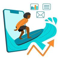 jong zwart Mens surfing Aan Golf grafieken van smrattelefoon. neiging merken, pijl, mail, diagram, bericht pictogrammen. eerste stappen in financieel onafhankelijkheid. aan het studeren aanbieden voorraad markt. vector illustratie.