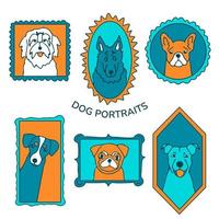 tekening hond portretten set. schattig schets muilkorven in wijnoogst kaders verzameling. verschillend hond rassen in gemakkelijk grenzen. hand- getrokken inkt schetsen. vector illustratie.