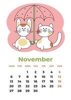 november 2023. kalender vel met de symbolen van de jaar dat staan onder een paraplu in de regen. tekenfilm vector illustratie.