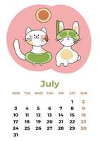 juli 2023. kalender vel met een konijn in een water masker en een kat in een handdoek. tekenfilm vector illustratie.